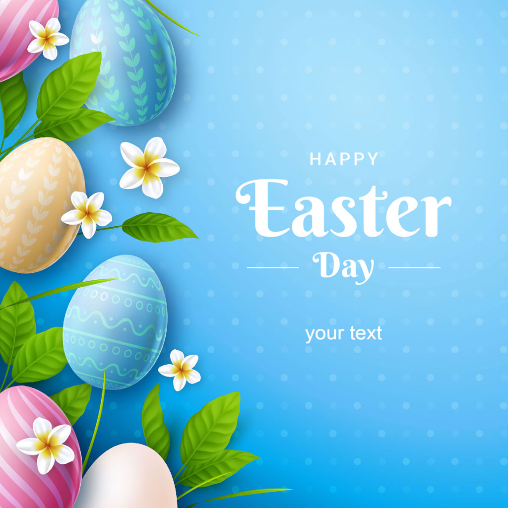 Easter eggs and flowers on a blue background