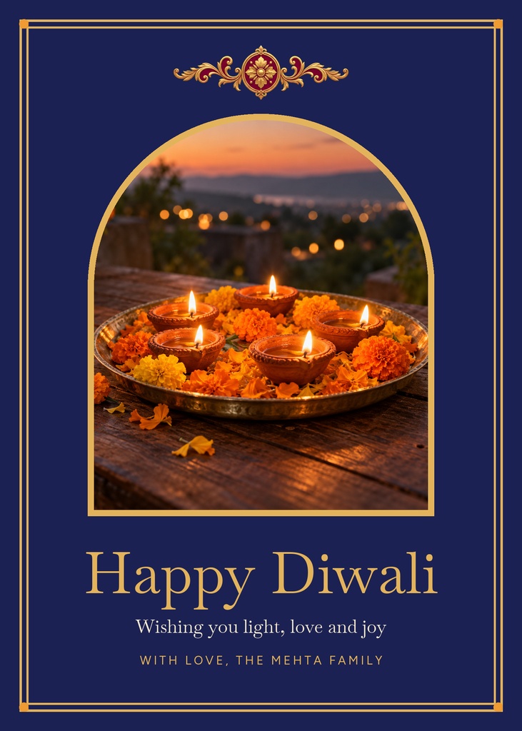 Diwali greeting card with lit diyas, marigold flowers, and a sunset photo in an arched frame