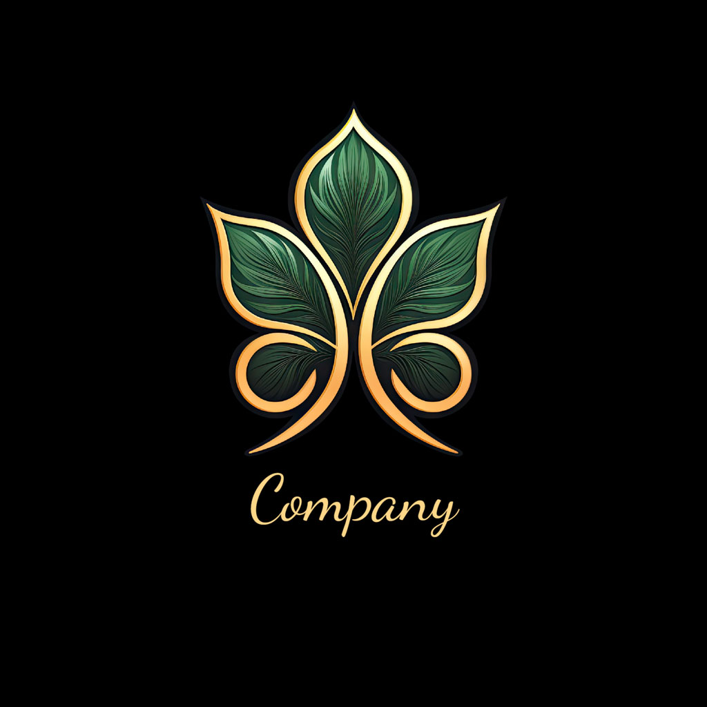 Stylized green leaf logo with gold outline on black background