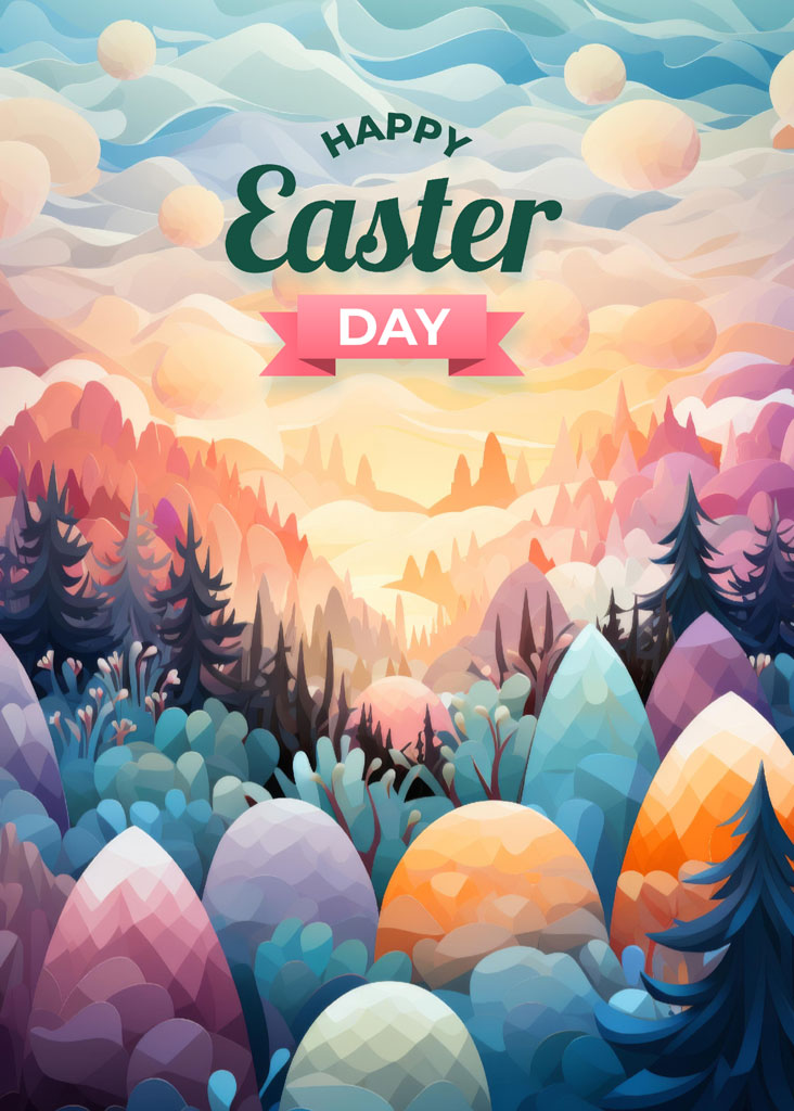 Easter day greeting with eggs in a fantastical landscape
