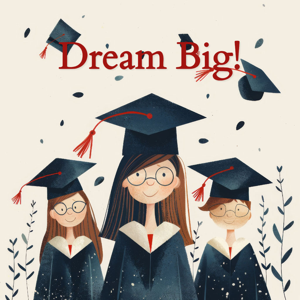 Three cartoon graduates in caps and gowns with 'Dream Big!' written above them
