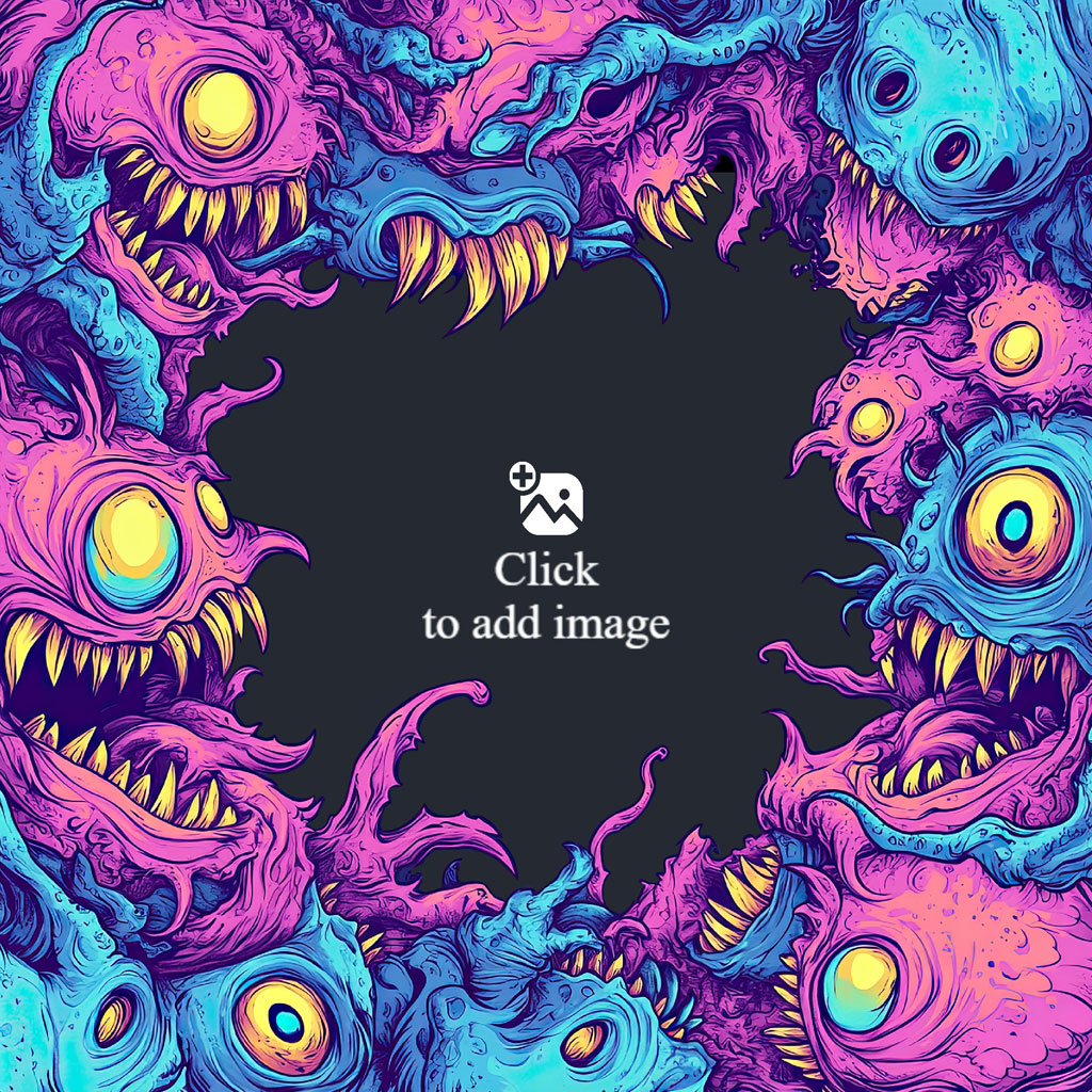 Colorful monsters with large eyes and sharp teeth forming a circular frame.