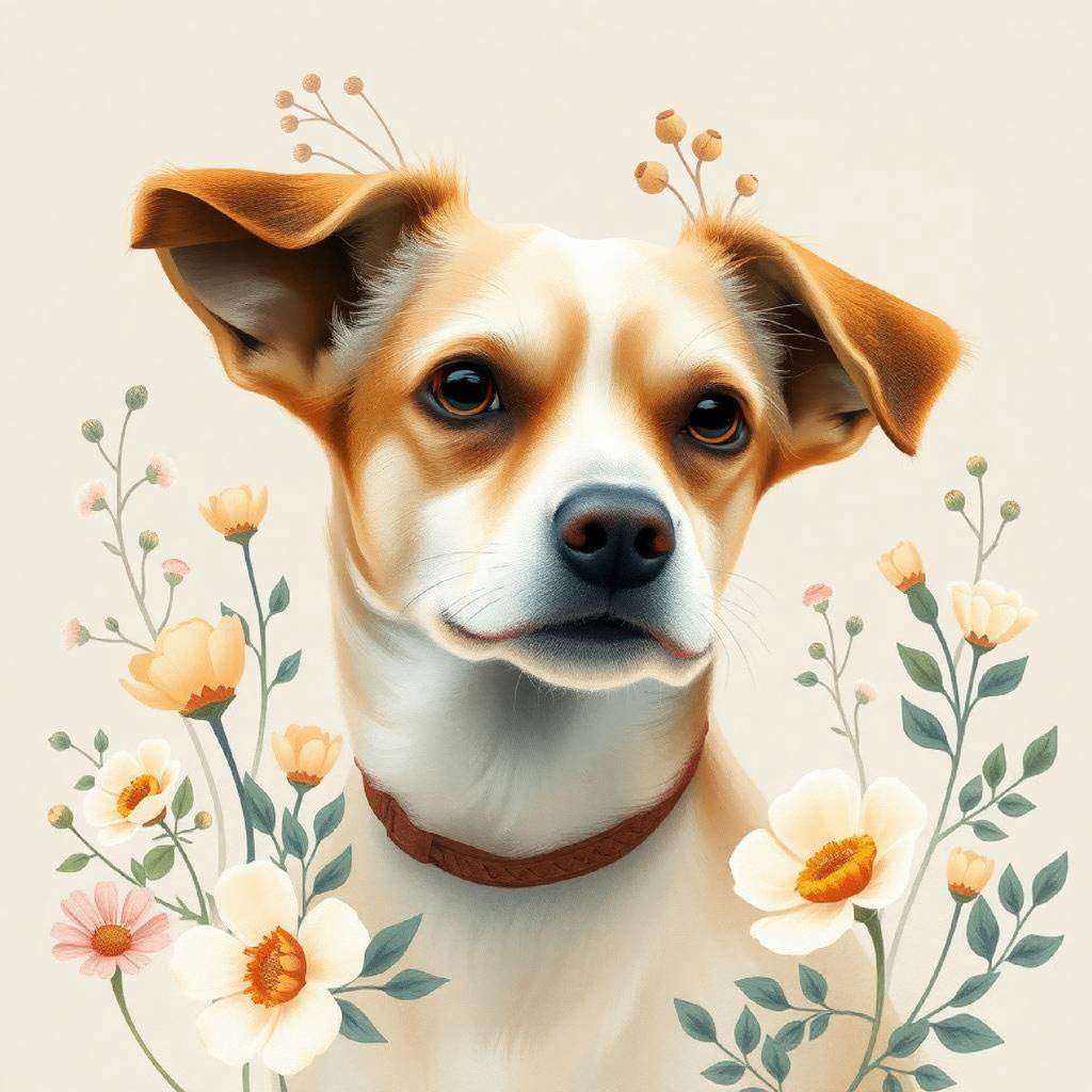 Illustration of a woman with long black hair and red lips surrounded by peach and pink flowers