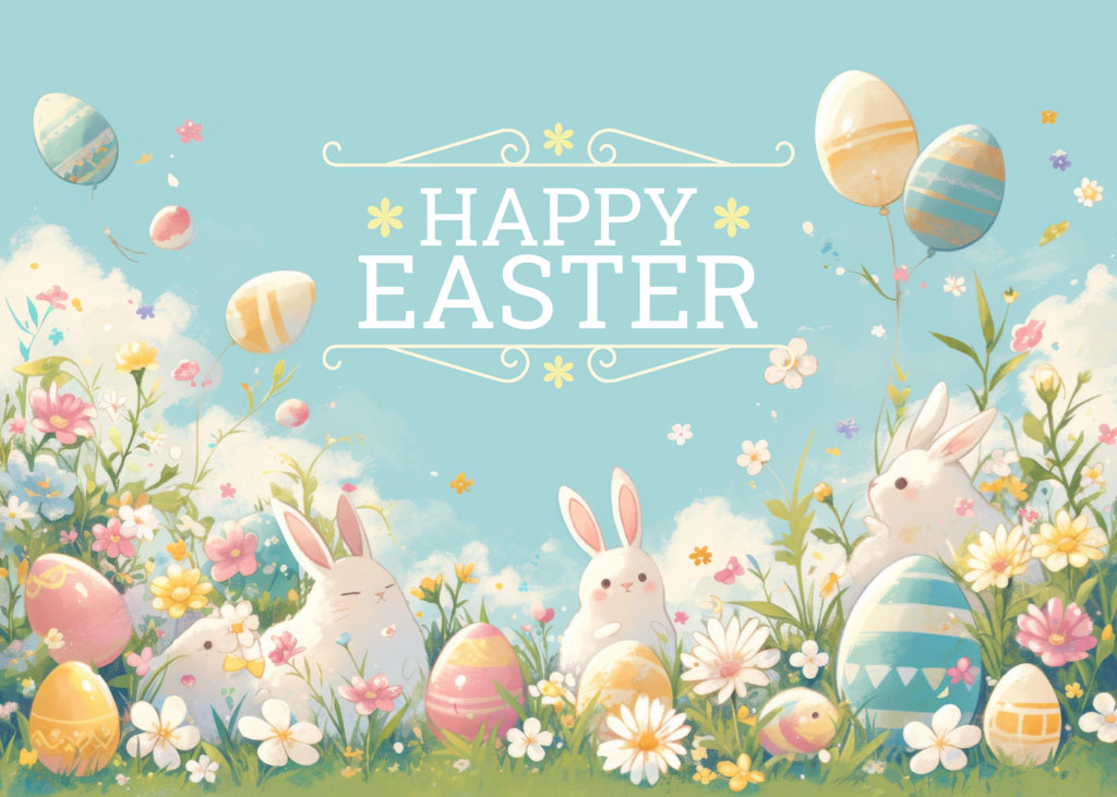 Illustration of 'Happy Easter' with bunnies and decorated eggs surrounded by flowers