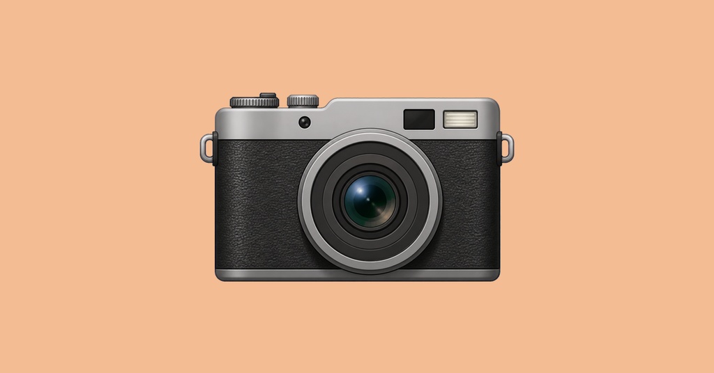 A centered vintage-style camera icon on a peach background