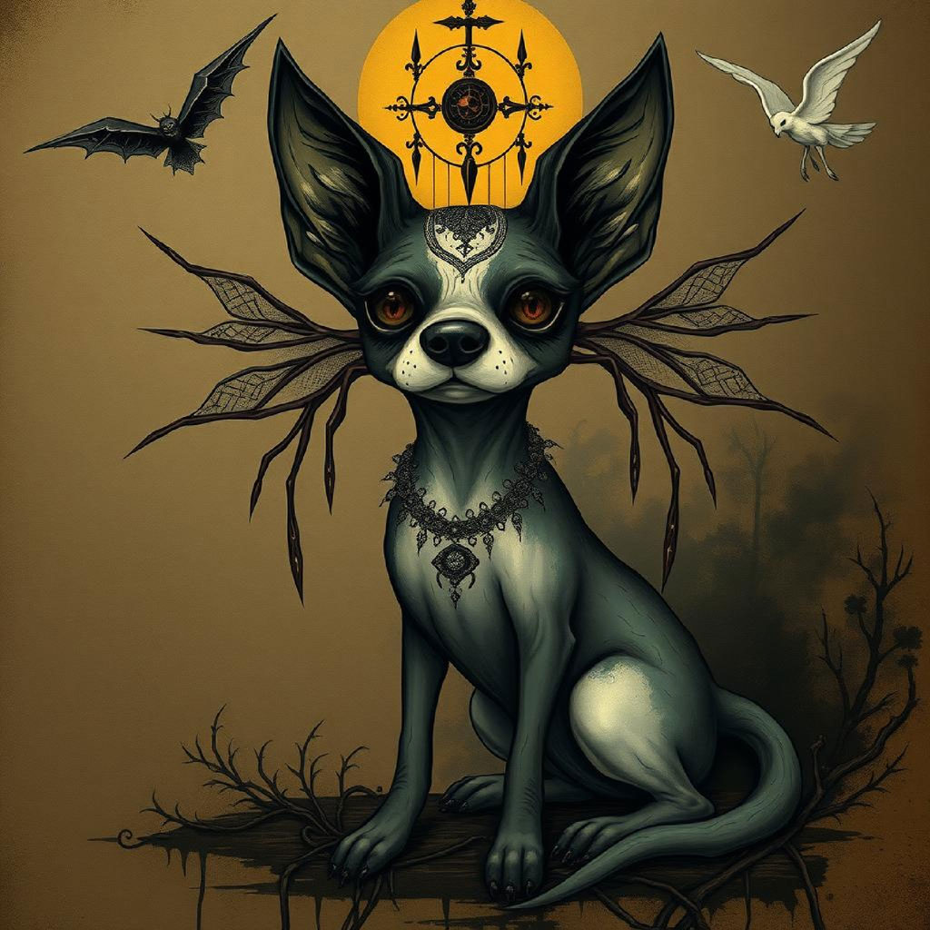 A woman with pale skin and dark hair adorned with flowers and a skull, set against a dark background.