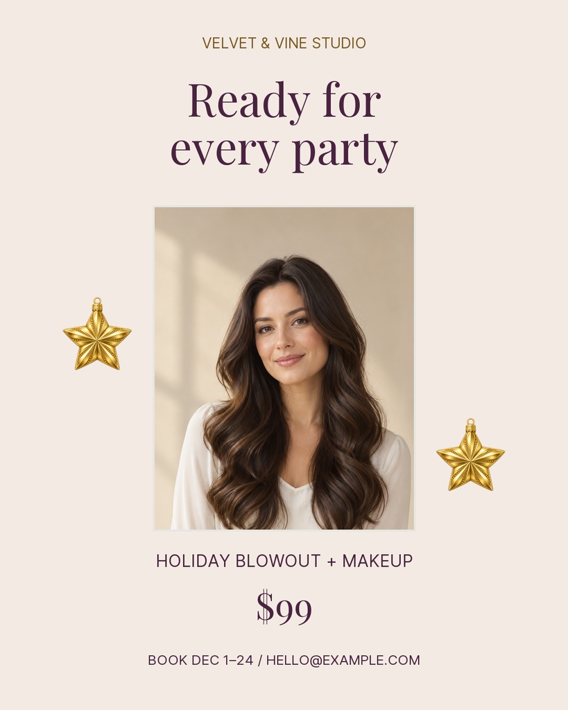 Beauty promo post with a woman portrait, gold star accents, and holiday blowout plus makeup pricing.