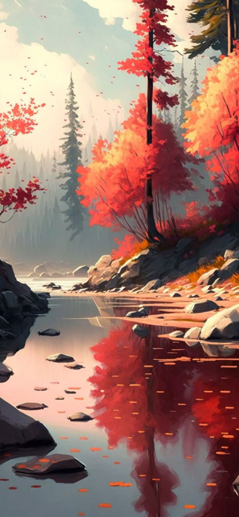 A serene digital painting of an autumn landscape with a lake surrounded by red and orange trees.