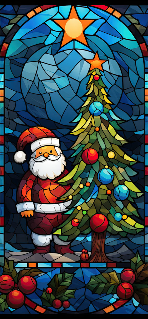 Stained glass depiction of Santa Claus standing next to a decorated Christmas tree under a starry night sky.