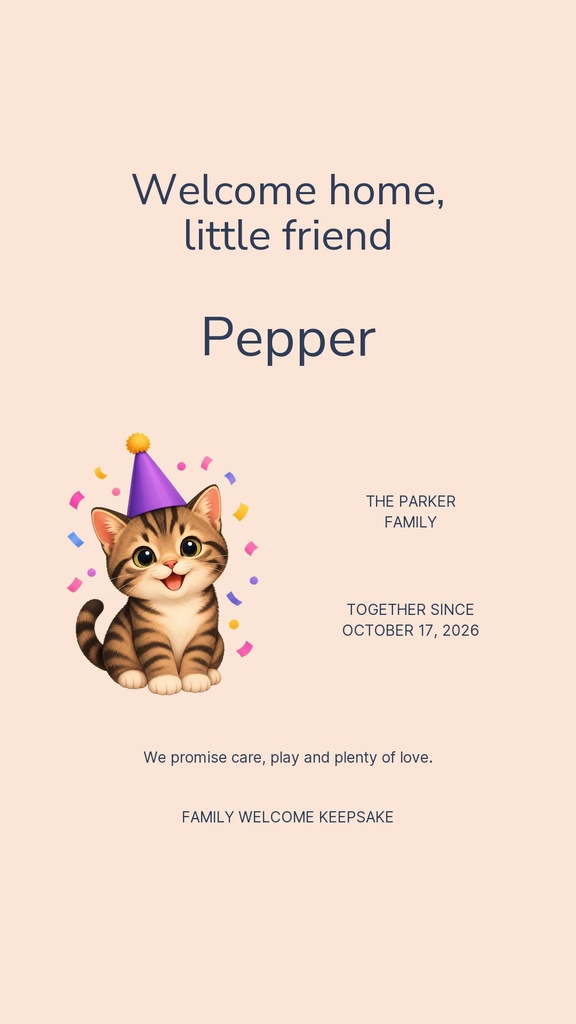 Portrait story template with a smiling cat wearing a party hat and welcome home text.
