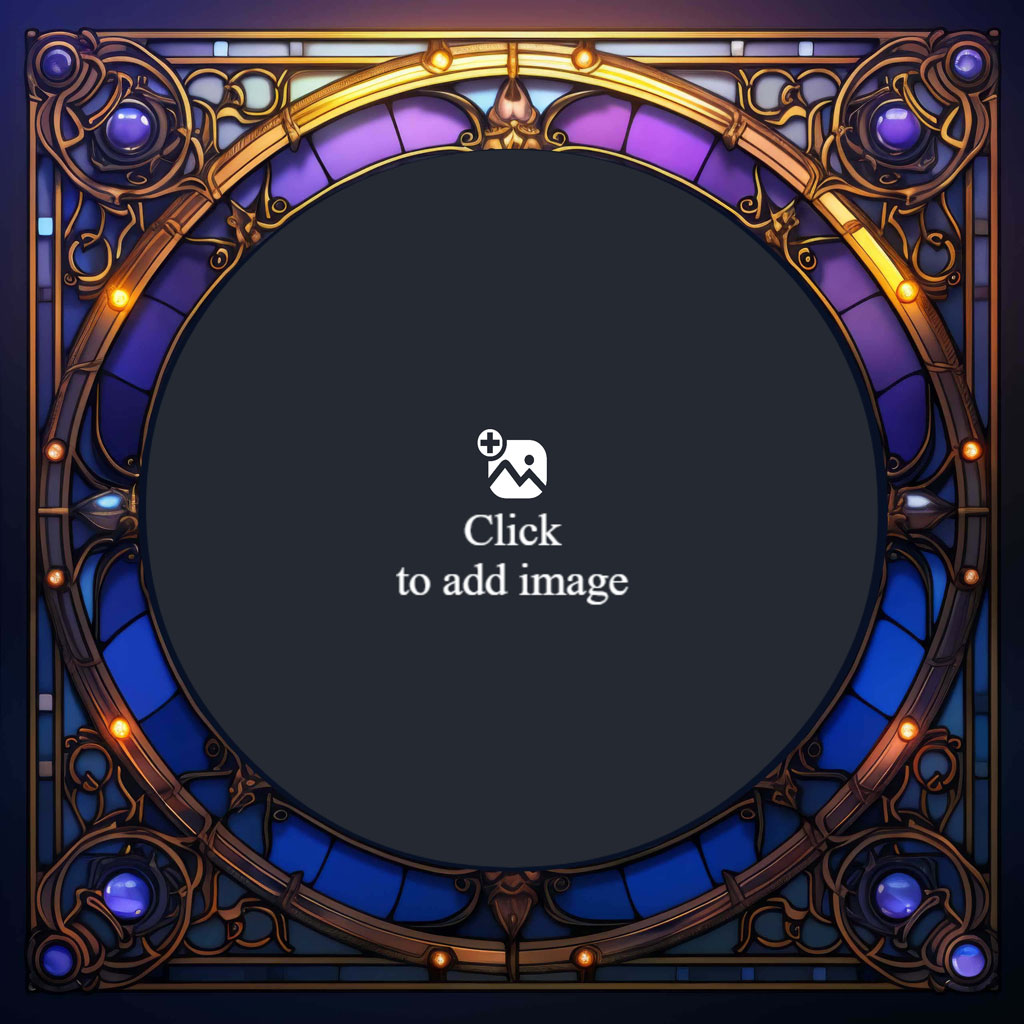 An ornate stained glass frame with blue and purple hues and gold accents.