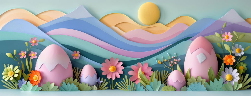 Colorful Easter eggs surrounded by flowers in a stylized mountain landscape with a sunny sky.