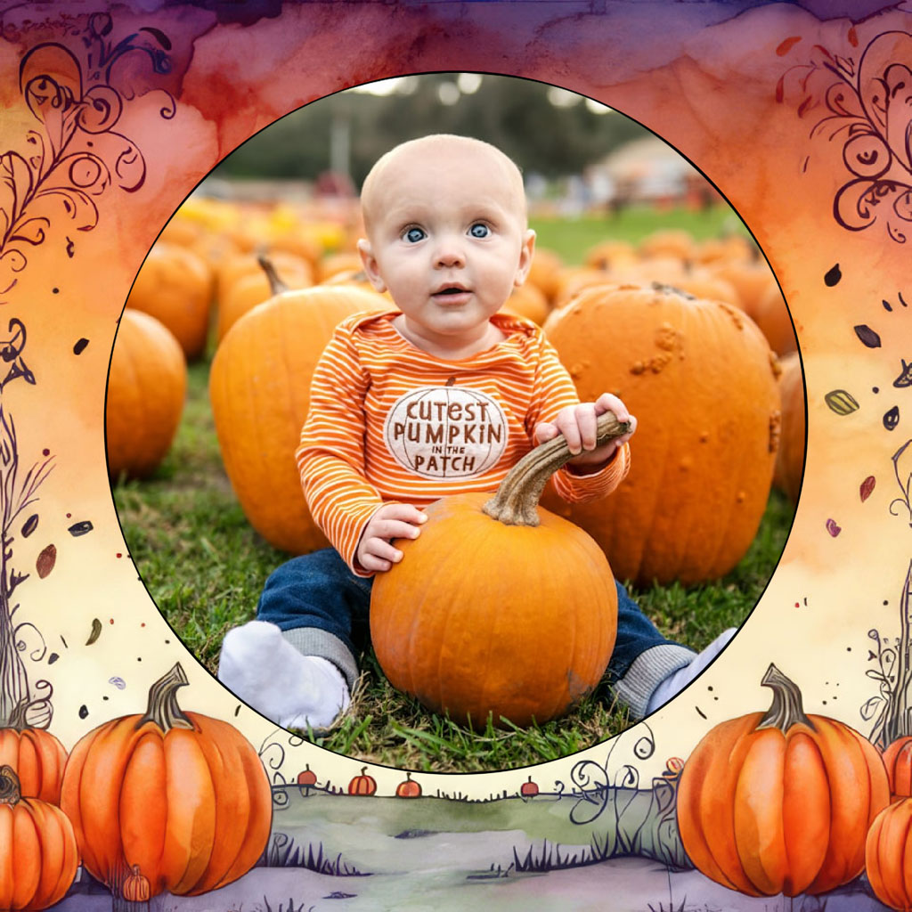 Baby in orange shirt sitting with pumpkins