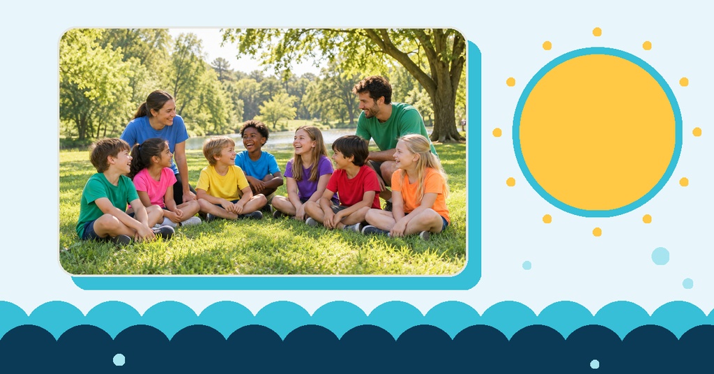 Children and two adults sitting on grass in a sunny park beside a bright circular text area.