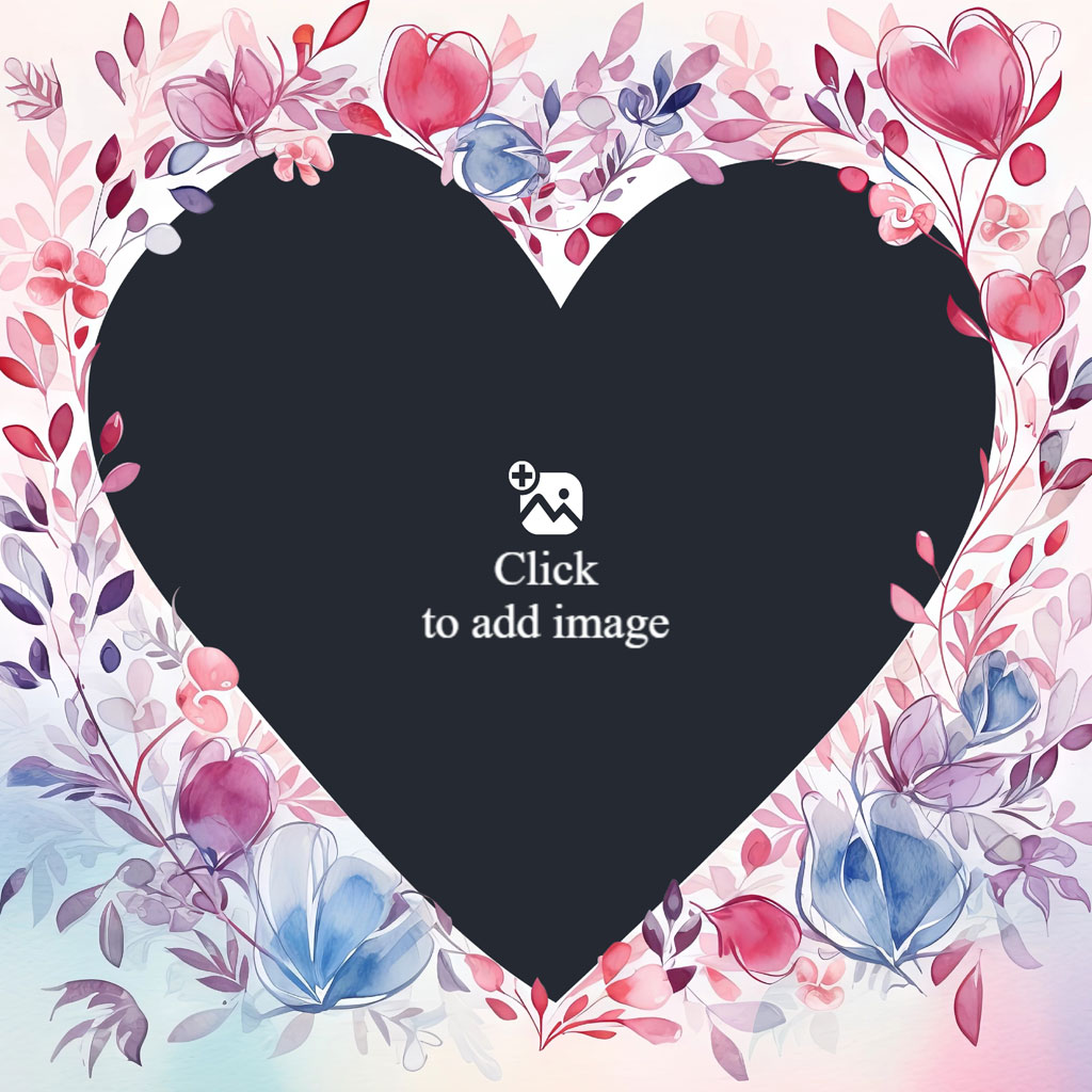 A black heart-shaped frame with a floral border