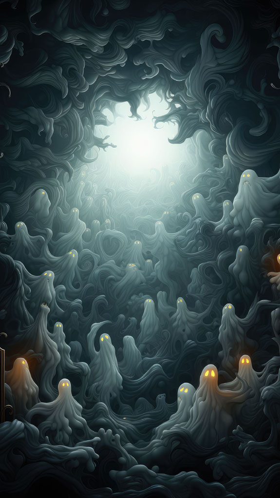 A dense crowd of ghostly figures with glowing eyes amidst swirling mist and darkness.