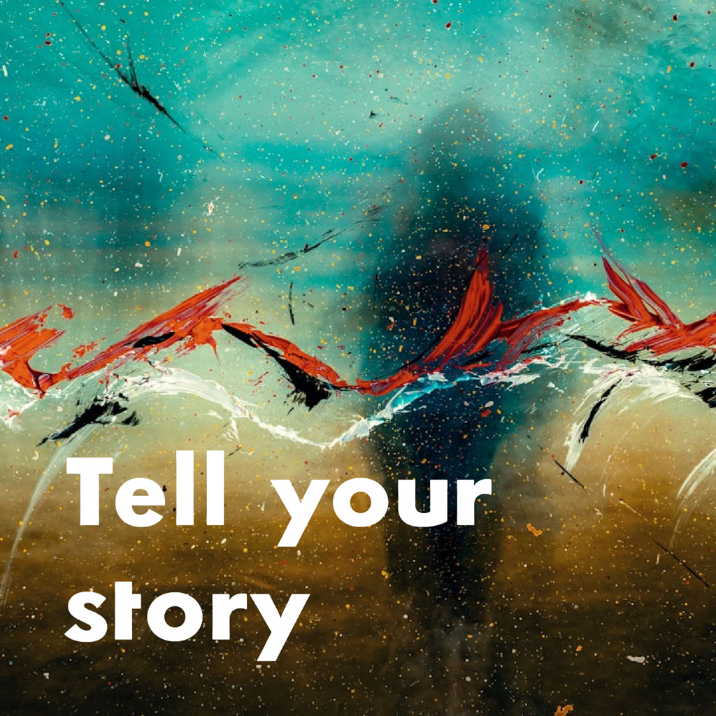 Abstract art with red birds and a 'Tell your story' message.