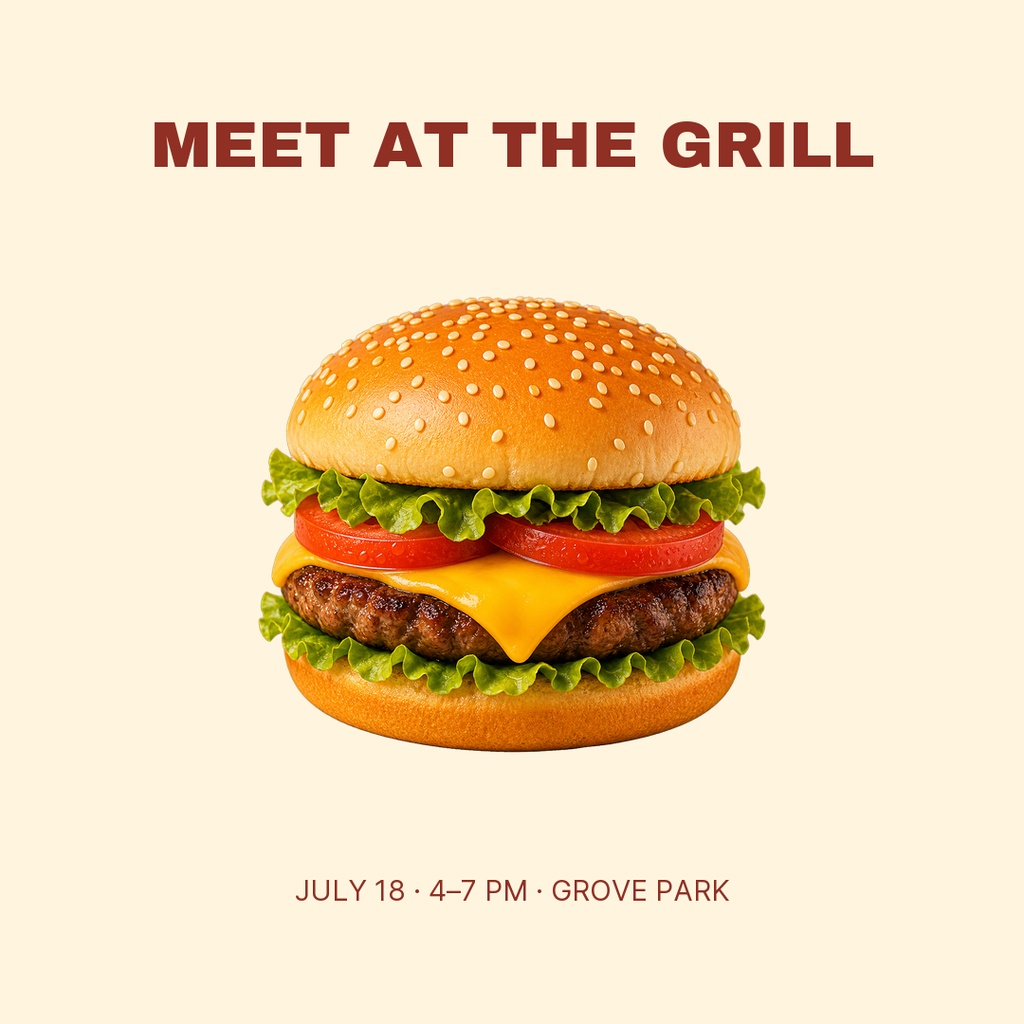 Square post design with a hamburger image and the text Meet at the Grill, July 18, 4–7 PM, Grove Park.