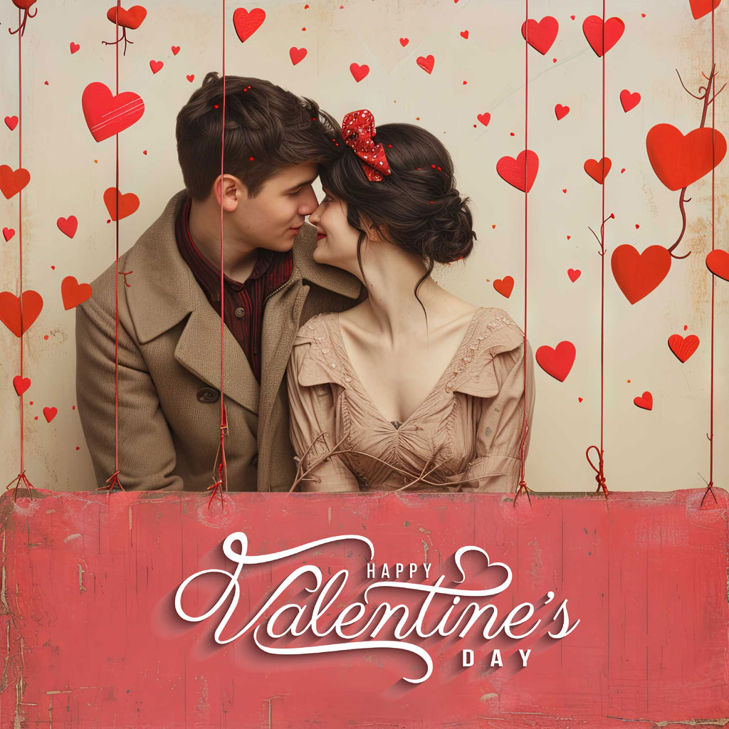 Couple sharing a kiss on Valentine's Day with hearts in the background