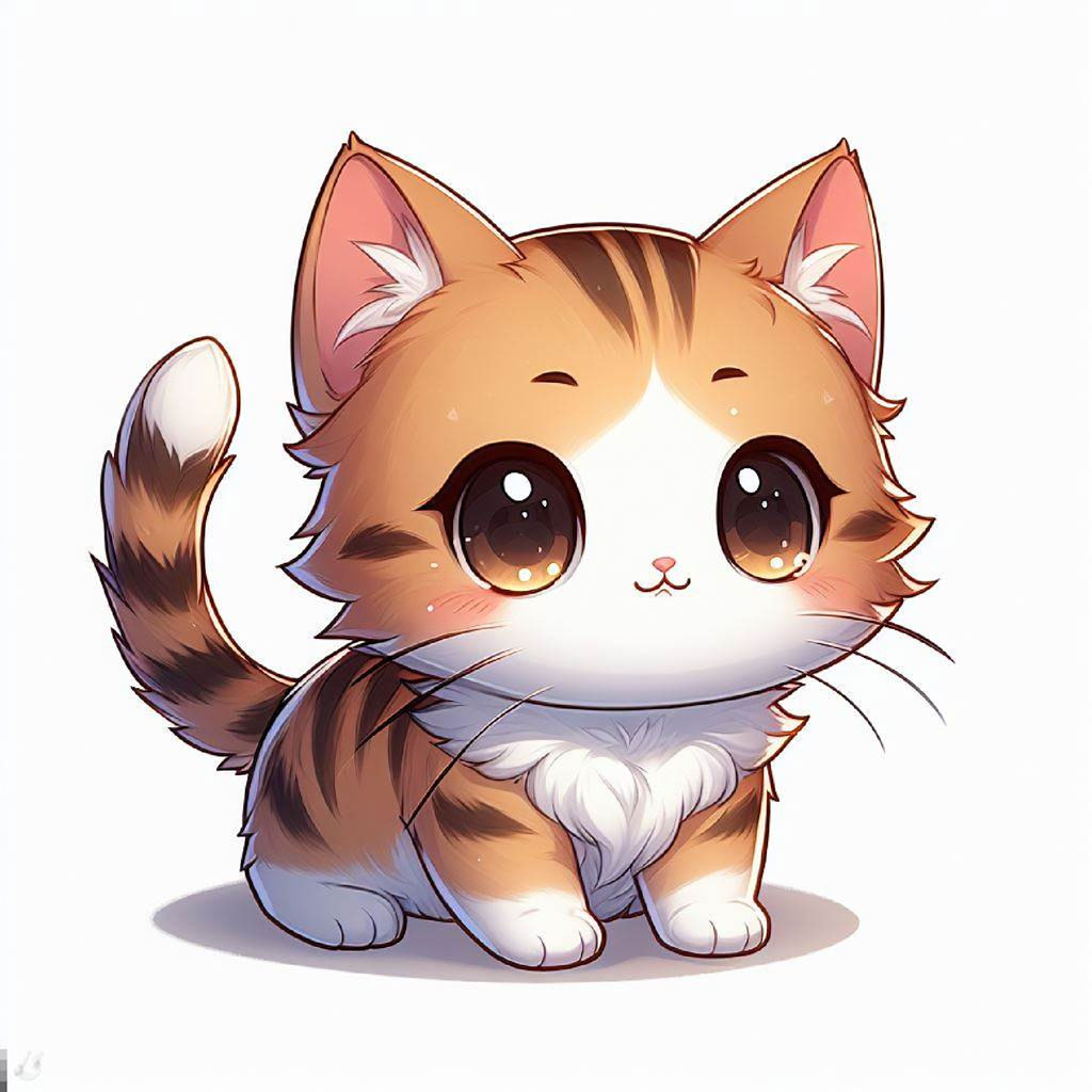 A cute cartoon cat with orange and white fur, large eyes, and a raised tail.
