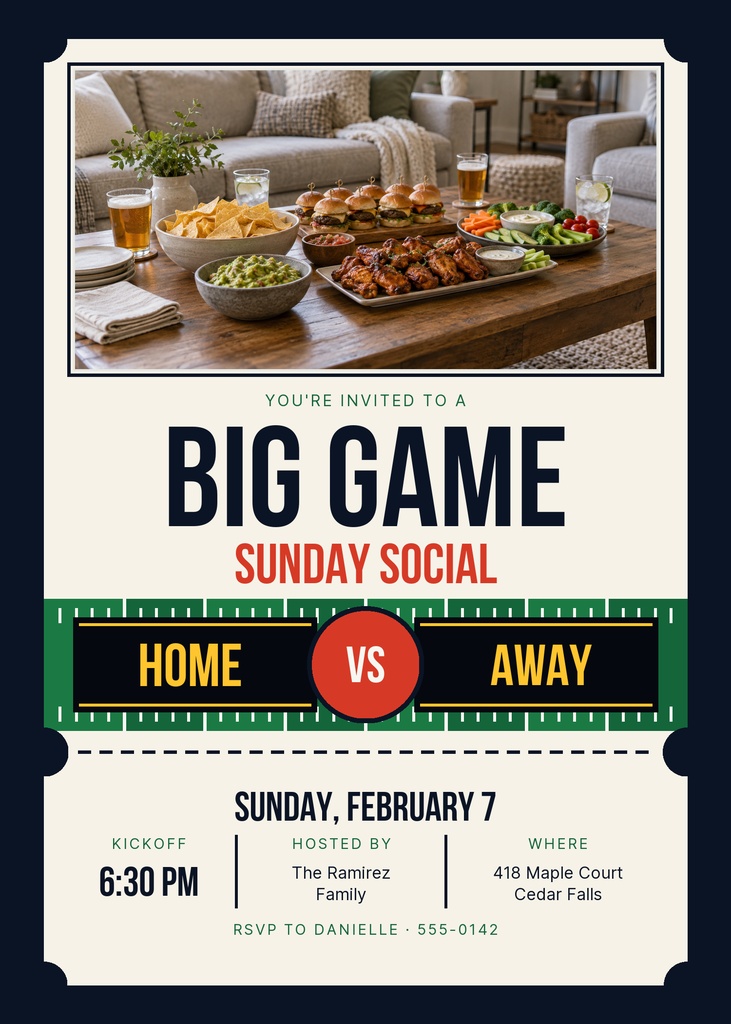 Preview for Big Game Sunday Social 5 × 7 Invitation Template