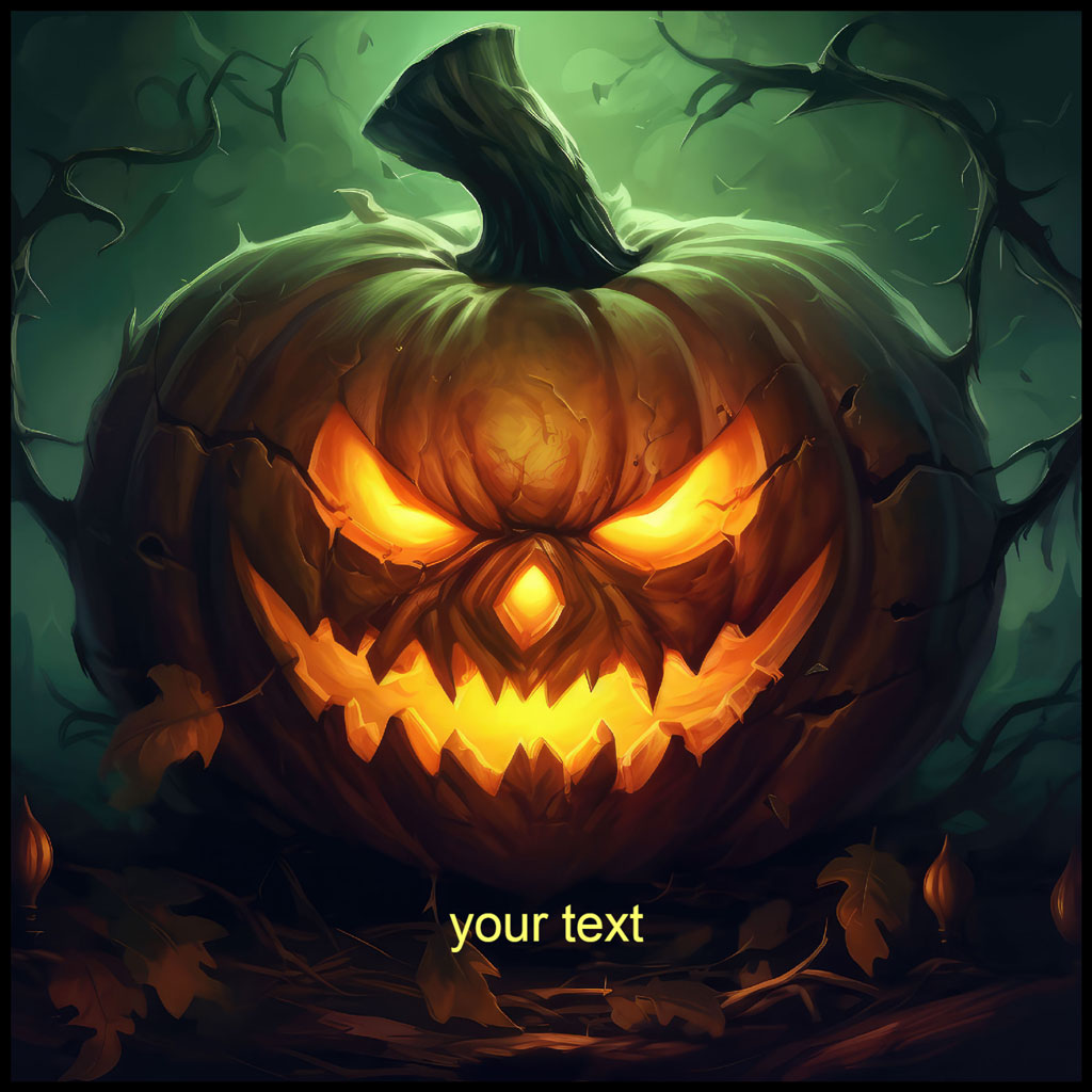 Glowing pumpkin with menacing face and autumn leaves