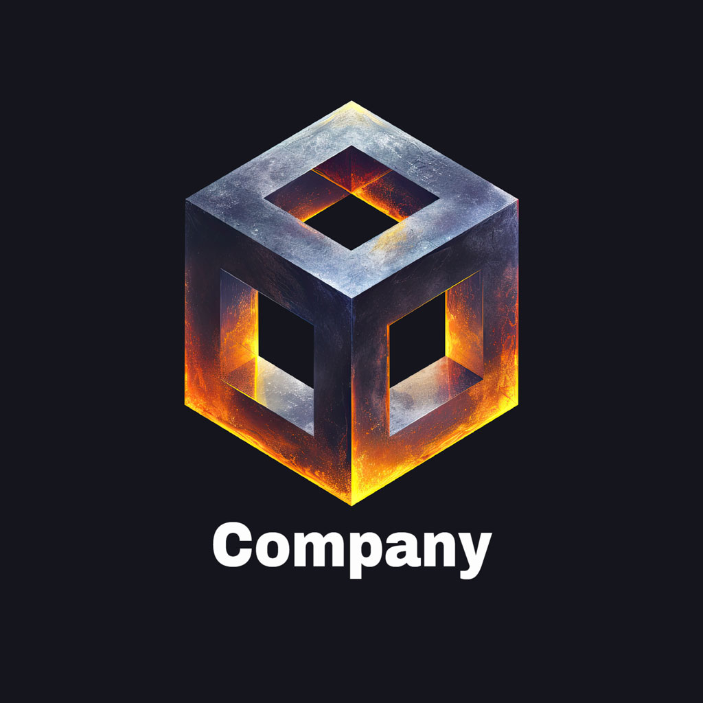 Company logo with a 3D cube design and glowing effect