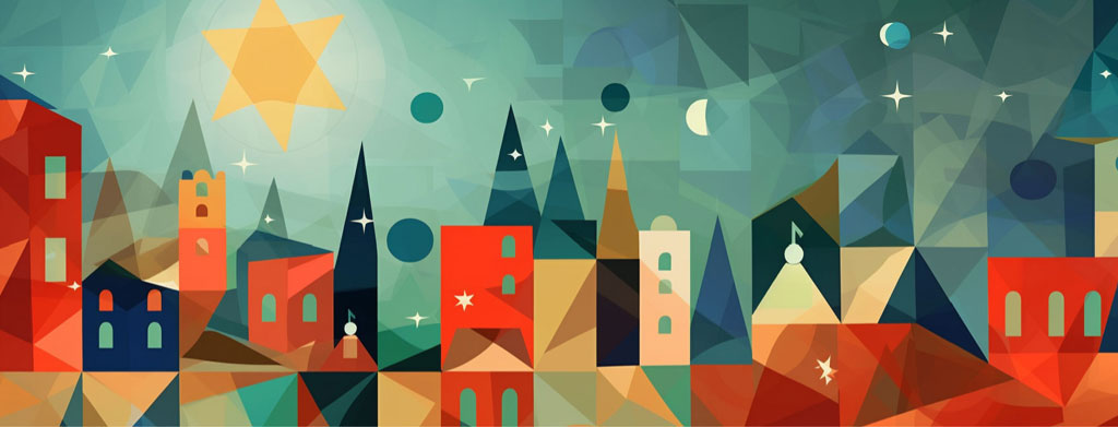 Geometric cityscape illustration with buildings, stars, and moon.