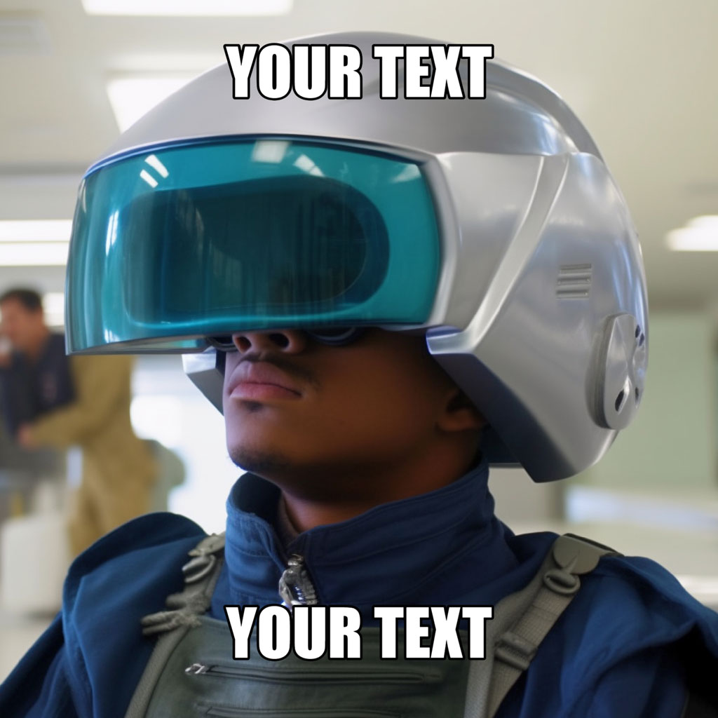 Person wearing a futuristic space suit and goggles with text overlay