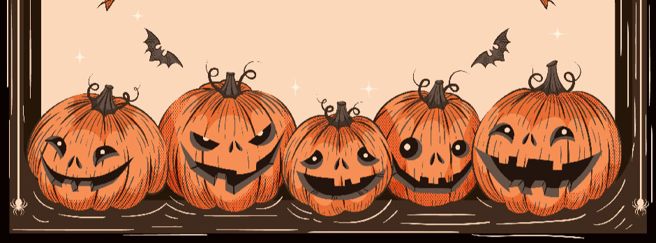 Five carved pumpkins with unique faces and bats flying above