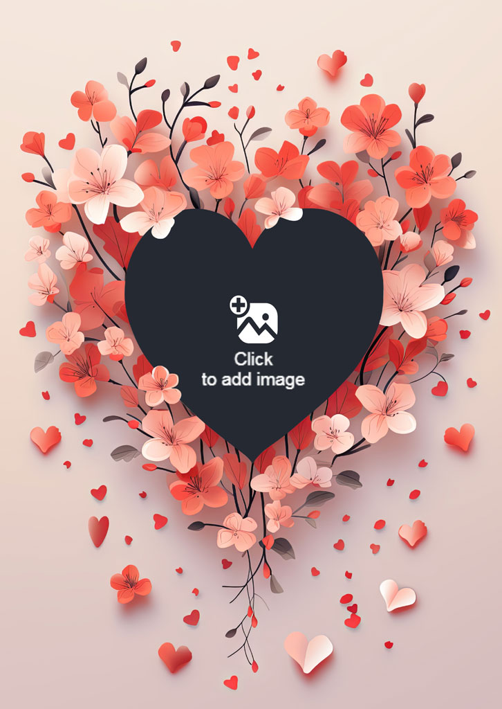 A black heart shape surrounded by red and pink flowers and small hearts.