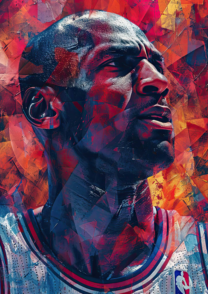 Abstract portrait of a basketball player in a white jersey with red and blue stripes