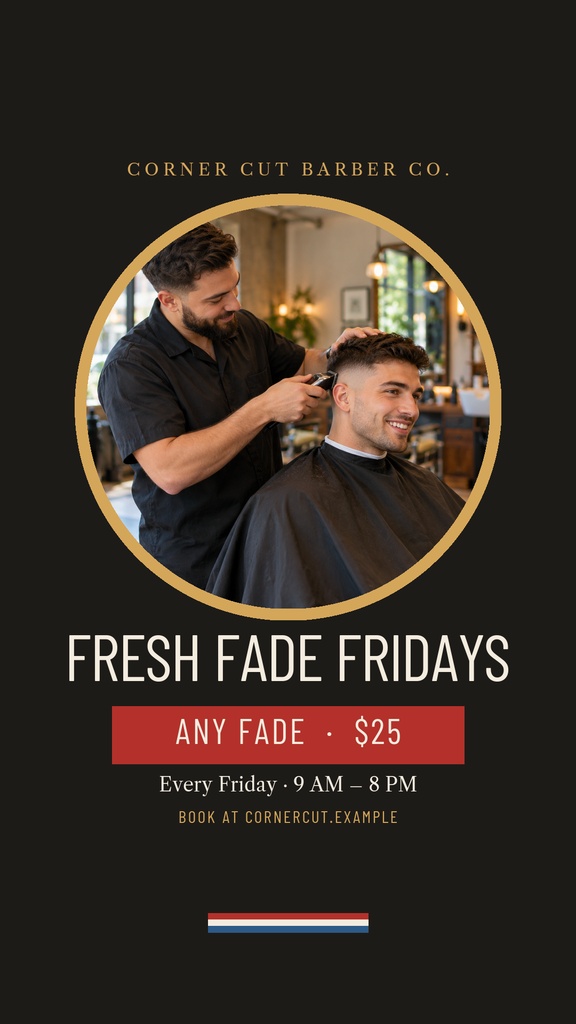 Barber cutting a client’s hair in a circular photo with Fresh Fade Fridays text and pricing below