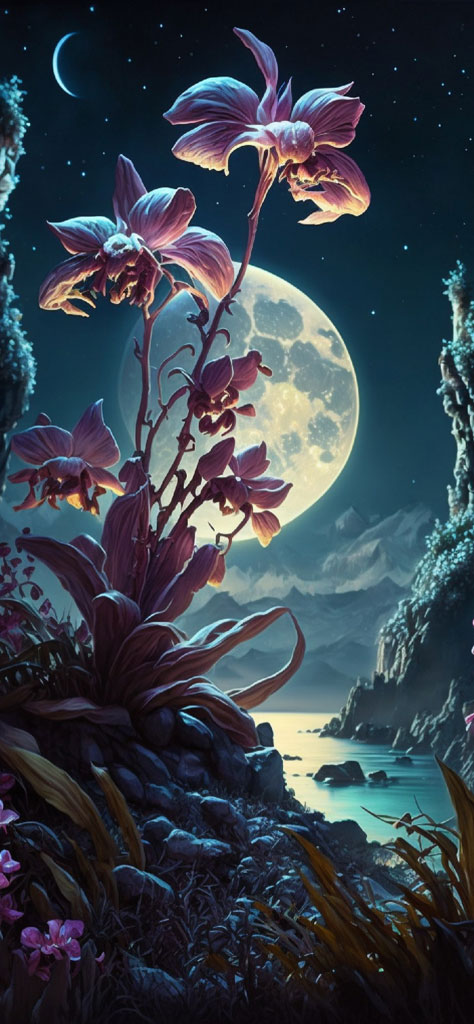 Digital artwork of an orchid illuminated by a full moon near the sea