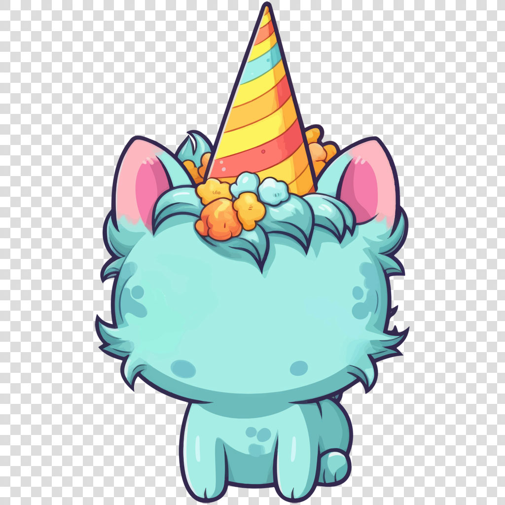 A cartoon unicorn with a party hat and colorful mane