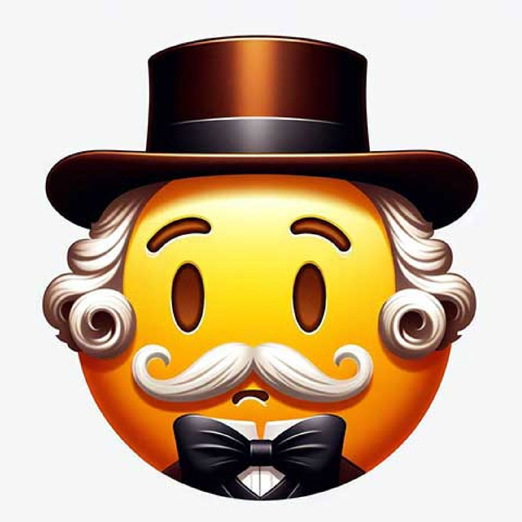 3D cartoon character wearing a black top hat with a red band, black glasses, and a white mustache