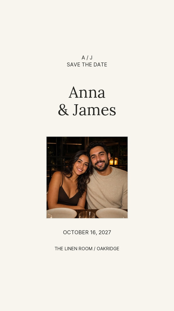 Minimal wedding story template with a couple photo, names, and save the date text.