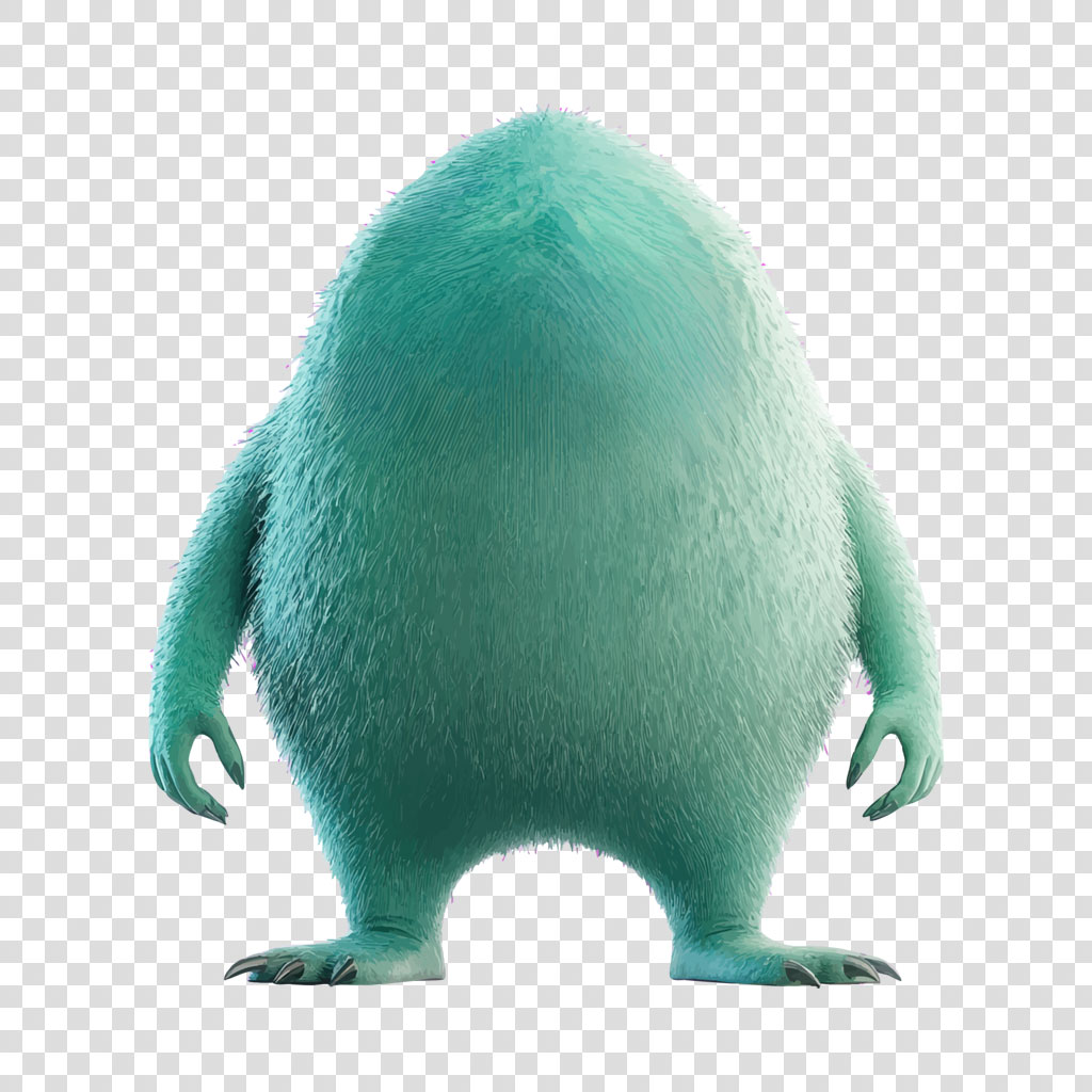 A furry, teal creature with a rounded body and sharp claws standing on a white background.