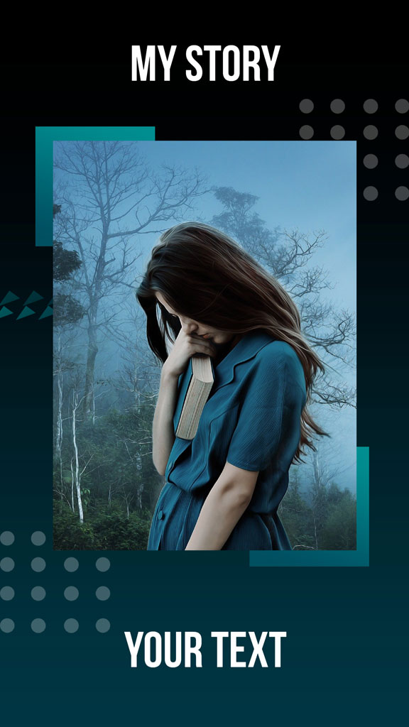 Woman in blue dress standing in a forest, looking down with her hand on her face