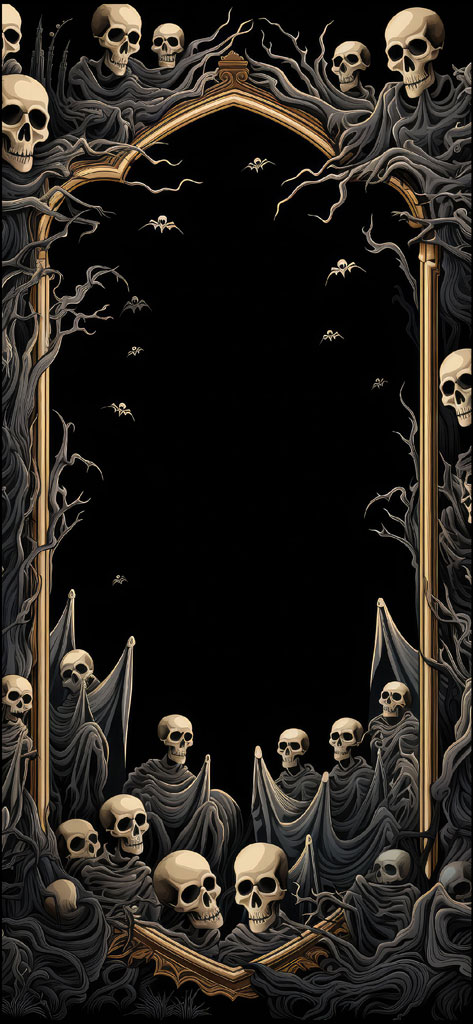 A gold-framed mirror surrounded by skulls and bats