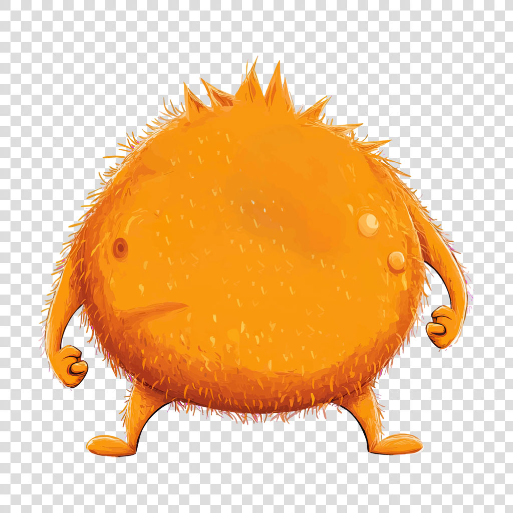 Illustration of a fuzzy orange creature with spiky hair and a round body