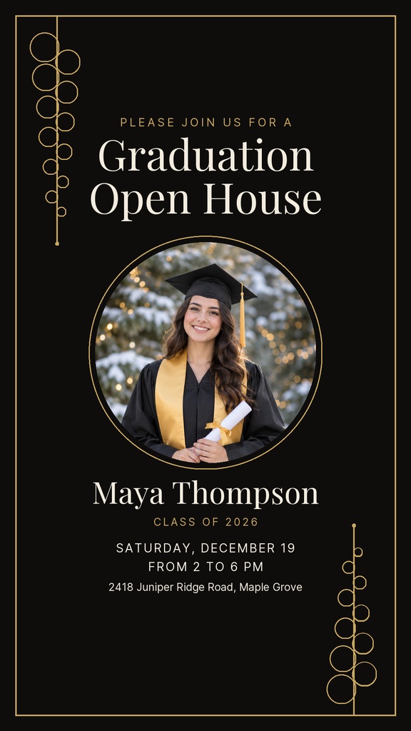 Black Instagram story graduation invitation with gold accents and a circular portrait of a graduate in cap and gown.