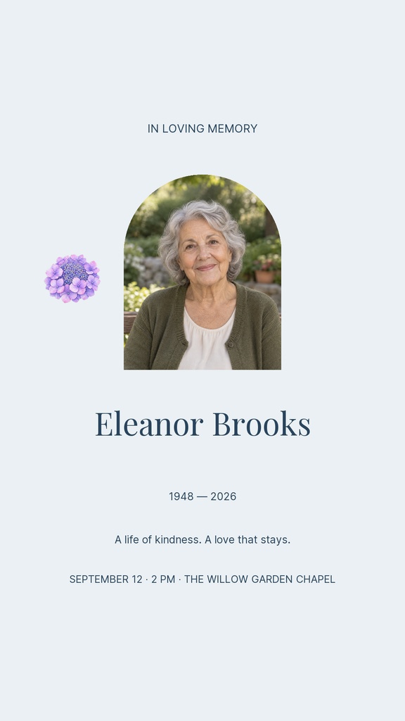 Vertical memorial story template with a portrait, purple flower accent, and soft blue background