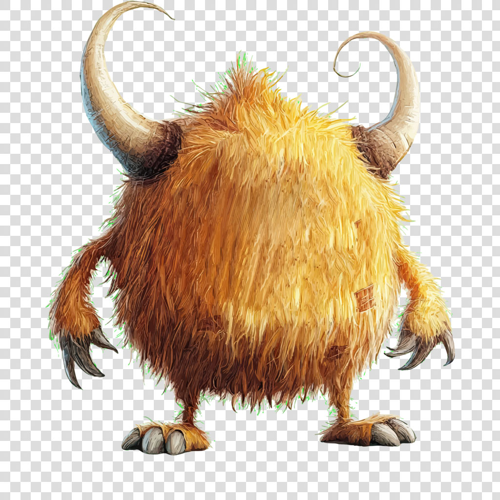 Illustration of a furry monster with large horns and sharp claws