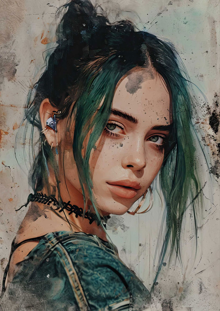 A young woman with green hair and a bold, edgy look, captured in a digital painting.