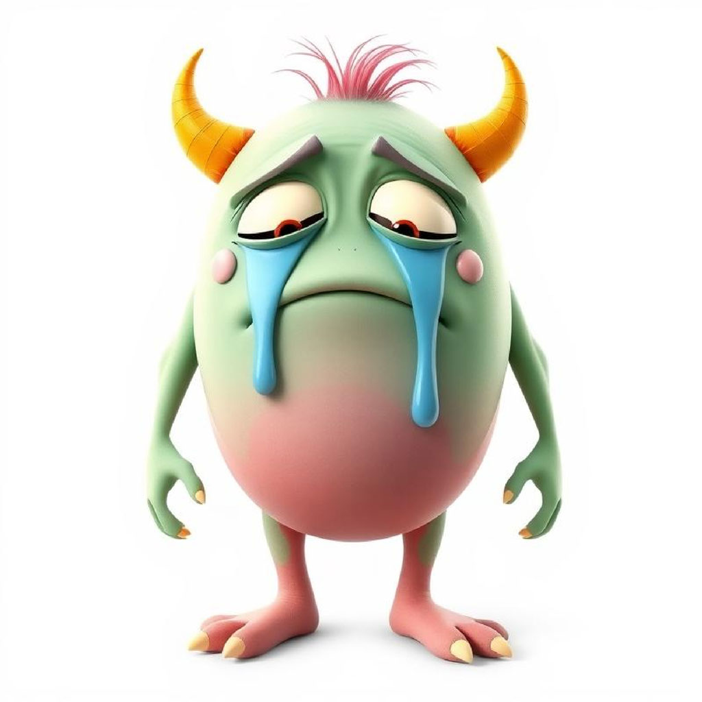 A cartoon monster with a green and pink body, yellow horns, and blue tears streaming down its face.