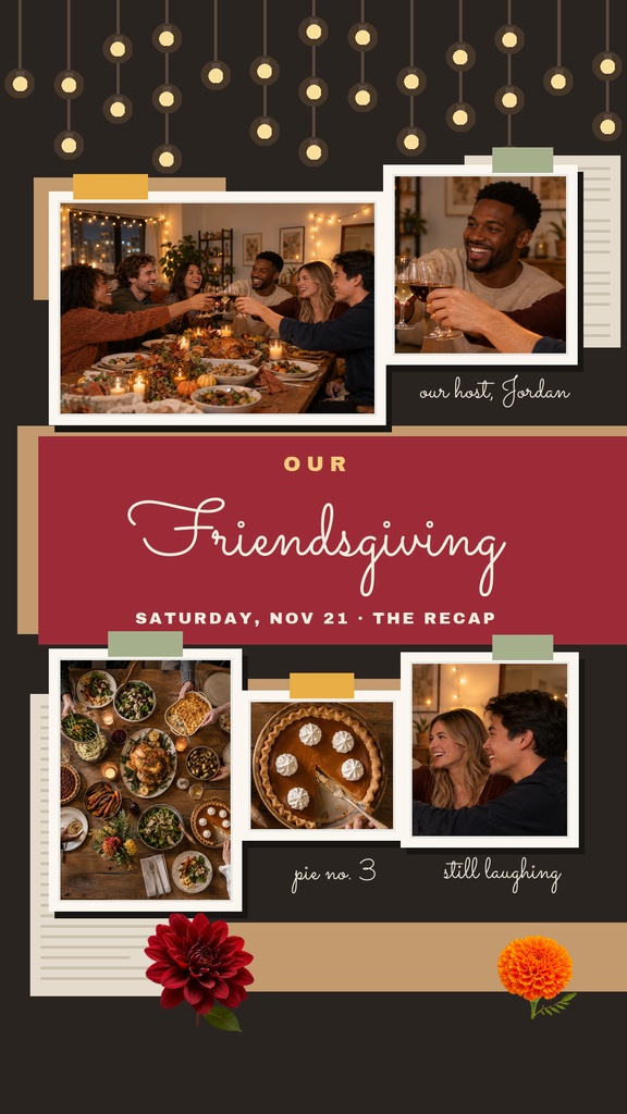 Friendsgiving Instagram story collage template with four photos, warm lights, and burgundy text panel.