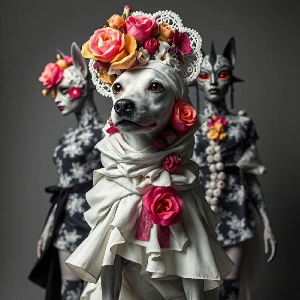 Three women in ornate black dresses with floral headpieces and bouquets