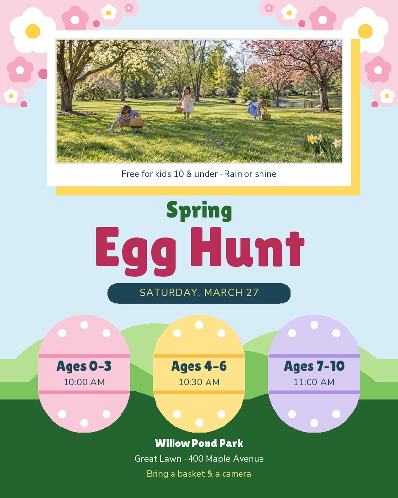 Colorful spring egg hunt flyer with three pastel eggs and a park photo at the top.