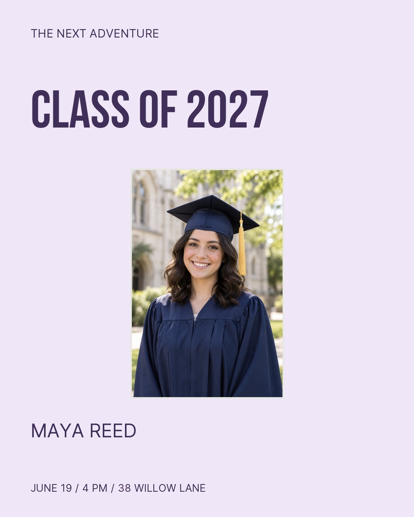 Lavender graduation portrait post with Class of 2027 text and a graduate photo.